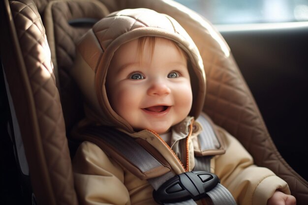 Un bebé pequeño en un asiento de automóvil sonríe con IA generativa