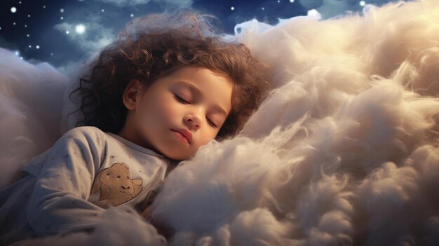 Un bebé pequeño y lindo durmiendo en una nube, un tema de sueños dulces, una IA generativa.