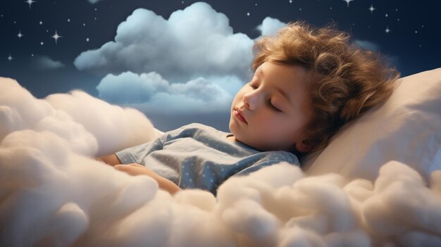 Un bebé pequeño y lindo durmiendo en una nube, un tema de sueños dulces, una IA generativa.