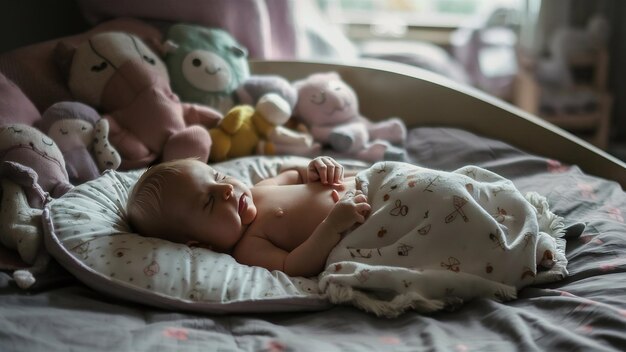 El bebé pequeño yace en la cama.