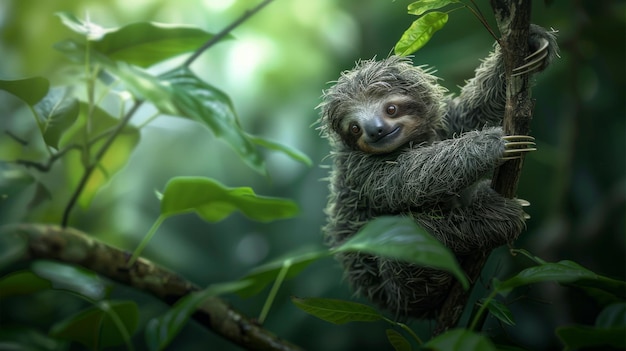 Foto un bebé perezoso colgando de una rama de árbol sus pequeños ojos curiosos asomando de una cara borrosa el epítome de la dulzura de movimiento lento en el telón de fondo exuberante ai generative