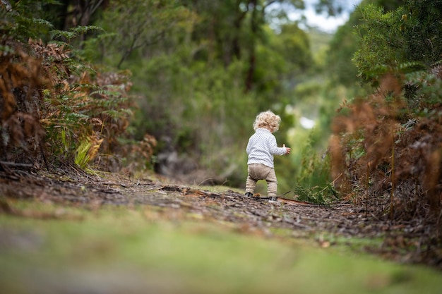 Bebé y perro en el bosque salvaje caminando juntos