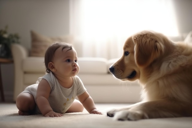 Un bebé y un perro golden retriever.