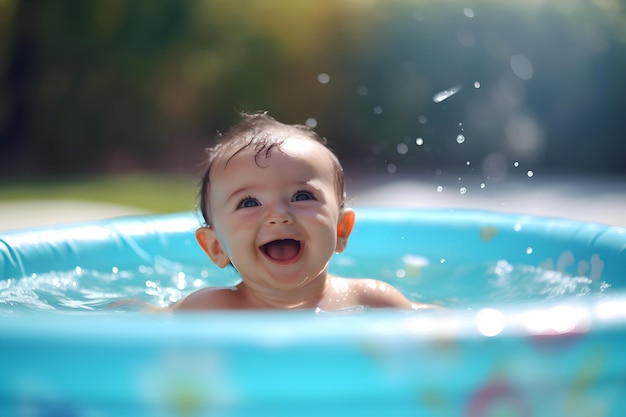 Un bebé en una piscina con gotas de agua