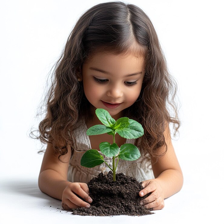 Un bebé que planta árboles aprende sobre la naturaleza