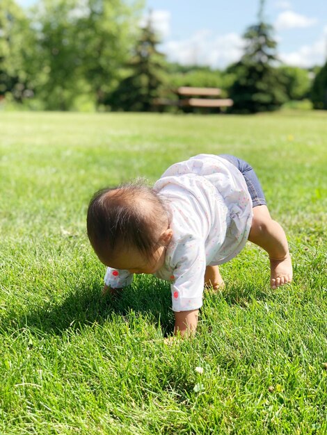 Foto bebê rastejando na grama
