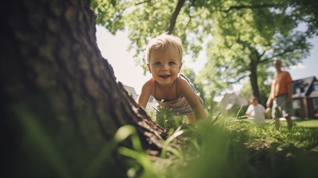 Foto bebê rastejando na grama