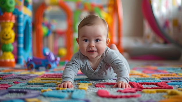 Bebê rastejando no chão na sala de jogos