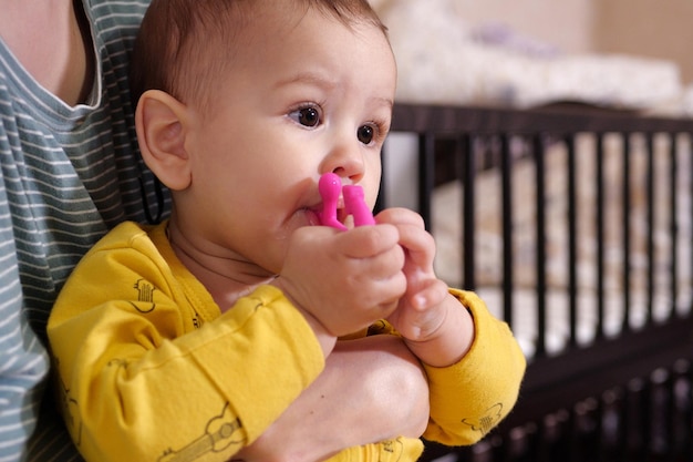 Foto bebê recém-nascido adorável brincando com brinquedo de chocalho colorido bebê com dente seis meses de idade retrato de bebê adorável em branco com brinqueto de dente