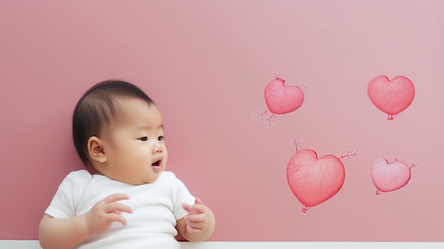 Bebê recém-nascido asiático com linha de órgãos cardíacos para campanha de conceito de saúde cardíaca infantil
