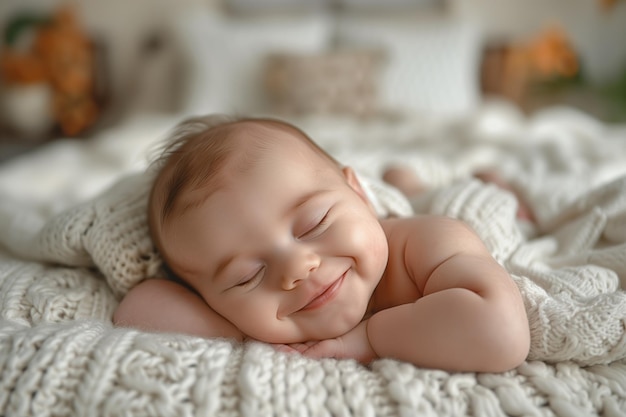 Bebê recém-nascido bonito dormindo em um cobertor macio em casa em close-up