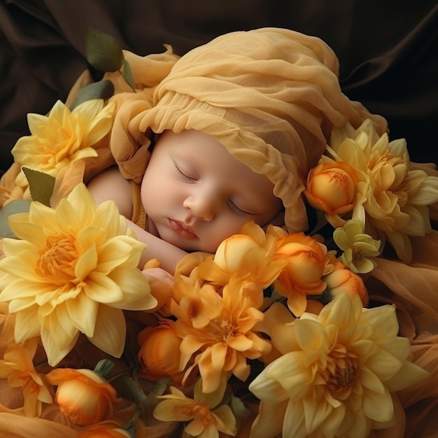 Bebê recém-nascido bonito dormindo em uma cesta de flores de narciso laranja