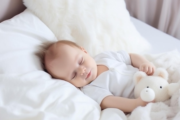 Foto bebê recém-nascido de oito dias de idade usando orelhas de coelho e uma tampa de fraldas de cauda de coelho ela está dormindo em seu