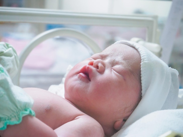 Bebê recém-nascido dorme na incubadora no hospital