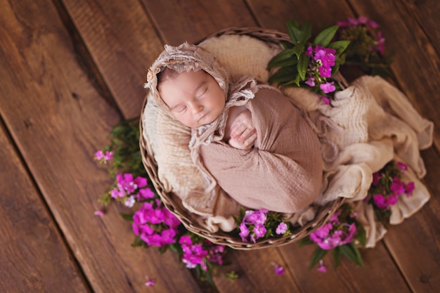 Bebê recém-nascido dormindo em uma cesta com flores no jardim-de-rosa. O bebê está deitado de costas.