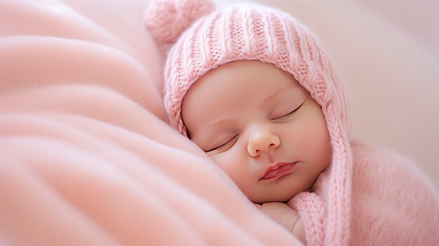 Bebê recém-nascido dormindo envolto em um cobertor rosa