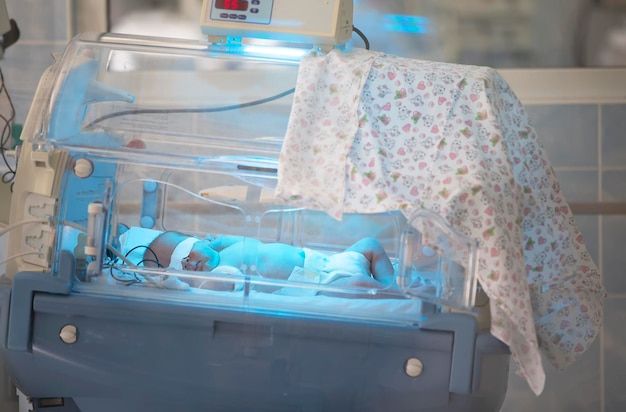 Foto bebê recém-nascido na caixa médica no hospital