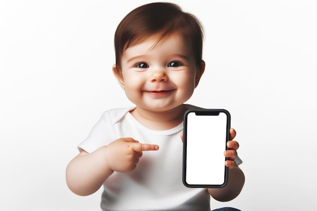 bebê recém-nascido sorridente apontando para um smartphone com tela branca em fundo branco