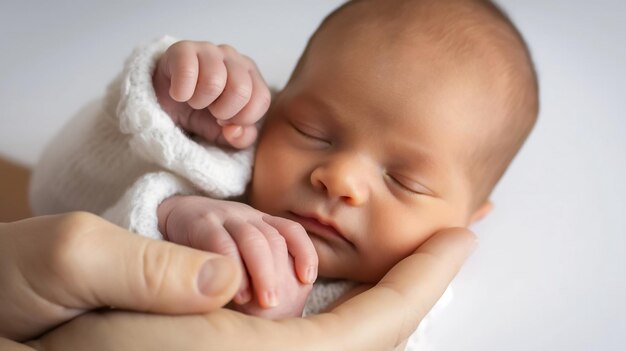 Foto el bebé recién nacido acunado suavemente en las manos de los padres dormidos y envuelto en una manta blanca