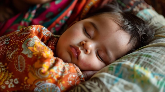 Foto un bebé recién nacido duerme profundamente su pequeño cuerpo acurrucado en el brazo de su madre su cara está