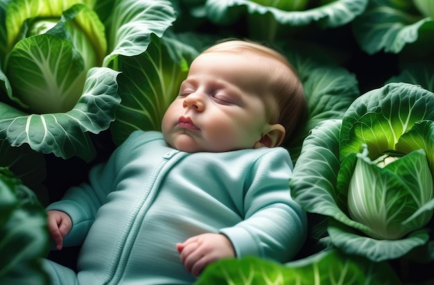 bebé recién nacido durmiendo en el jardín en el suelo rodeado de verduras bebé caucásico en repollo