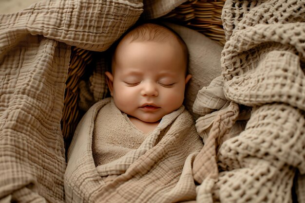 Foto un bebé recién nacido envuelto en una manta de lino yace en una cuna de canasta de mimbre