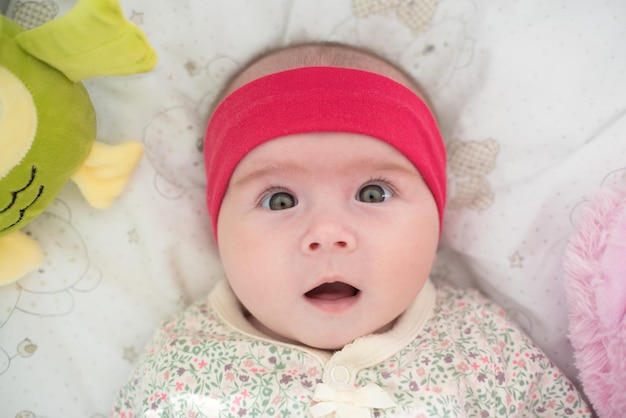 Bebé recién nacido con expresión graciosa ojos grandes y boca abierta