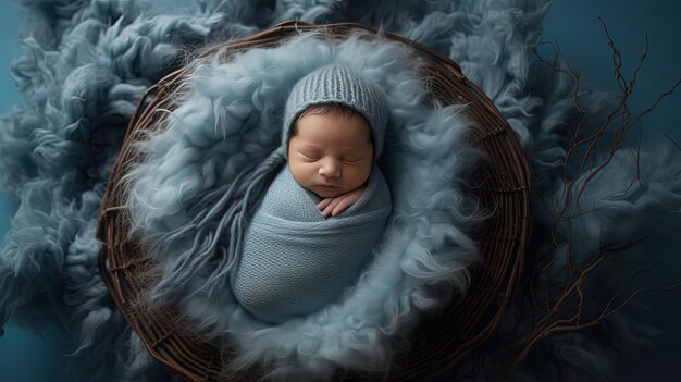 Bebé recién nacido con gorro de punto azul y deformado en capullo durmiendo