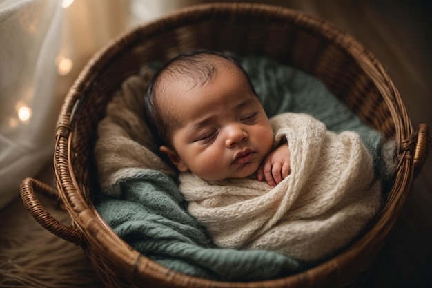 Un bebé recién nacido increíble y dulce duerme en el arco de la canasta
