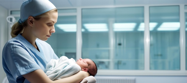 Foto bebé recién nacido en las manos de un trabajador de la salud ia generativa