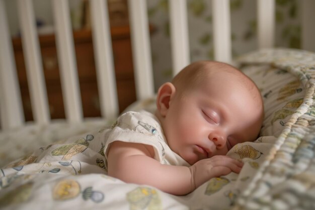 Un bebé recién nacido sereno duerme profundamente en una cuna acogedora mostrando inocencia y calma