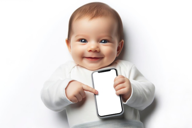 bebé recién nacido sonriente apuntando a un teléfono inteligente con pantalla blanca sobre fondo blanco