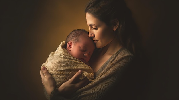 Bebé recién nacido sostenido por su madreIA generativa