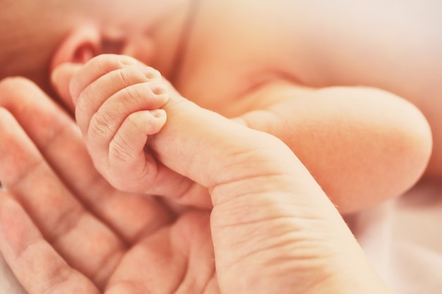 Bebé recién nacido tiene un dedo de su madre, concepto de foto lindo que cuida a los niños