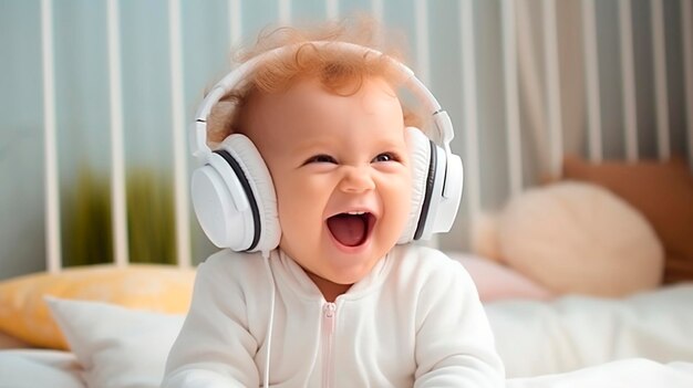 Foto el bebé se ríe con los auriculares la ia generativa es feliz