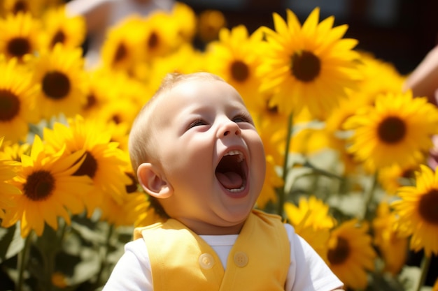 un bebé riendo en un campo de girasoles