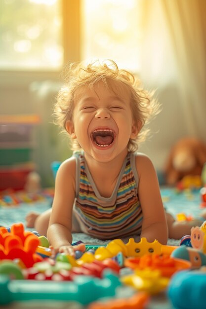 Foto bebê rindo brincando com brinquedos no chão