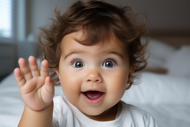 Foto bebé saludando a la cámara