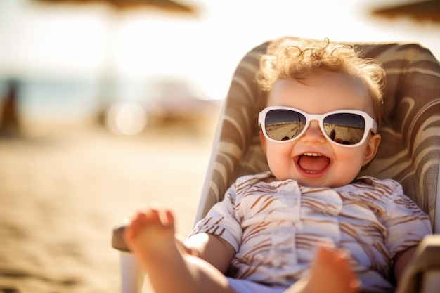 Foto bebê senta-se em uma cadeira na praia usando óculos de sol funky verão