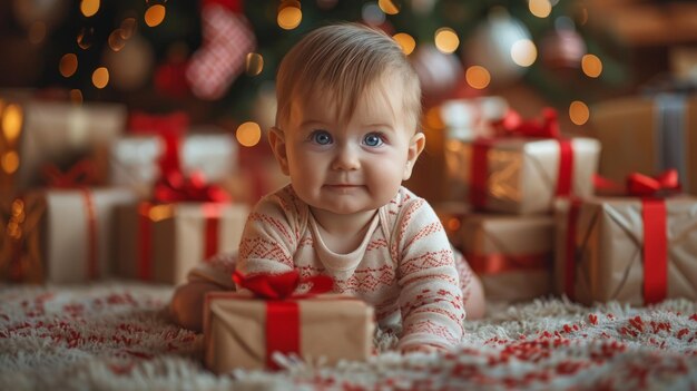 El bebé sentado al lado de los regalos