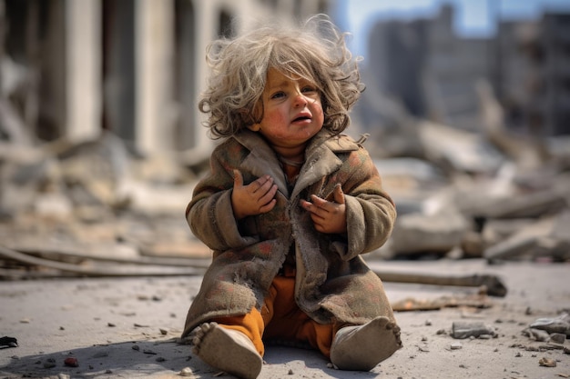 Un bebé sentado en la calle destruido por una bomba durante la guerra