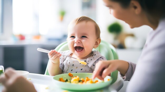 Foto un bebé sentado cómodamente en una silla alta comiendo ansiosamente un plato colorido de puré de frutas y verduras