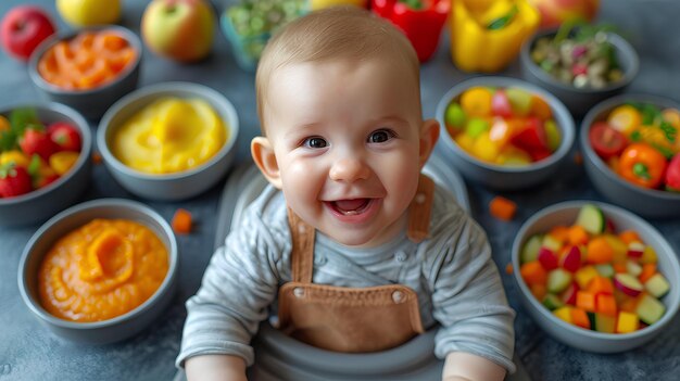 Un bebé sentado frente a un plato de fruta