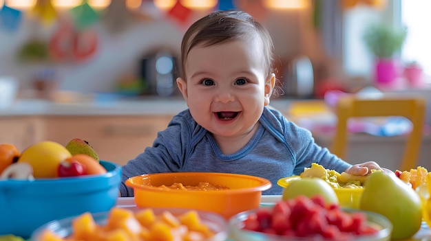 Un bebé sentado en una mesa con frutas coloridas y cuencos frente a él