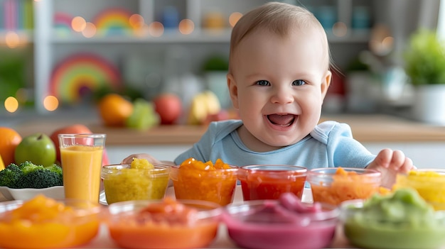 Foto un bebé sentado en una mesa con un plato de fruta