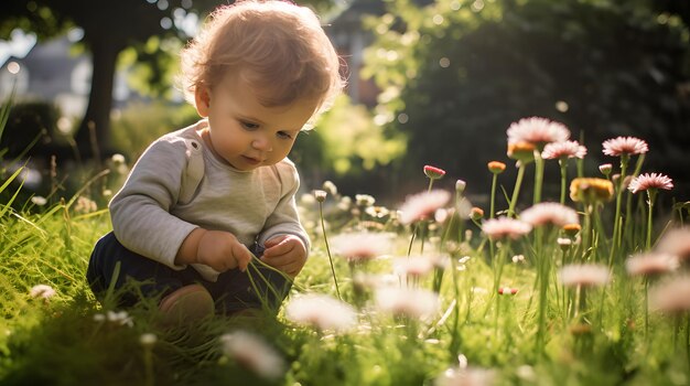 Foto bebê sentado na grama descobrindo flores em um jardim