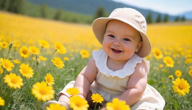 un bebé se sienta en un campo de flores amarillas