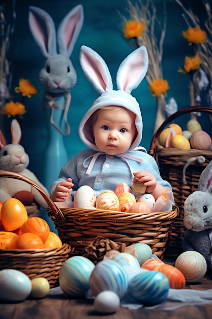 Un bebé se sienta en una canasta con huevos de Pascua