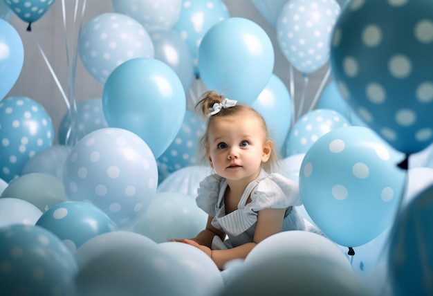 Un bebé se sienta entre globos con un lazo azul.