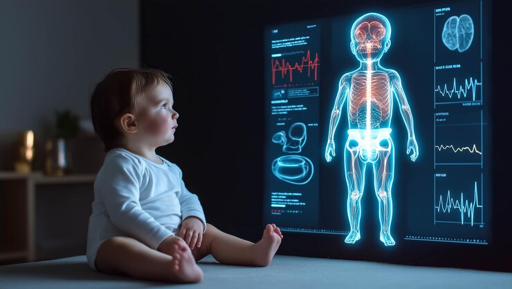 Un bebé se sienta junto a una pantalla holográfica de rayos X AI generativa